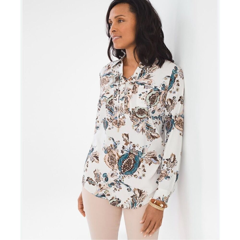 Chico's women's Silky Soft Botanical Lace-up Long sleeve Tunic top size 2 (us si - Picture 2 of 9